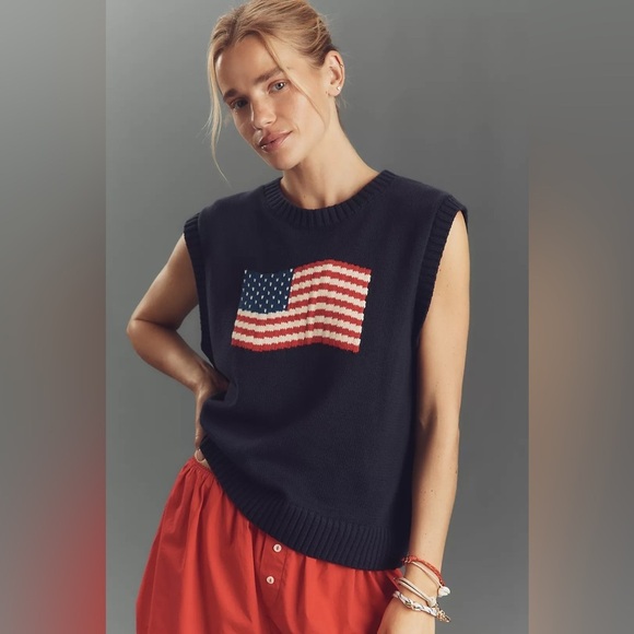 NWT Anthropologie Porridge Crew-Neck USA 🇺🇸 Flag Sweater Vest ⚜️ - Picture 2 of 7